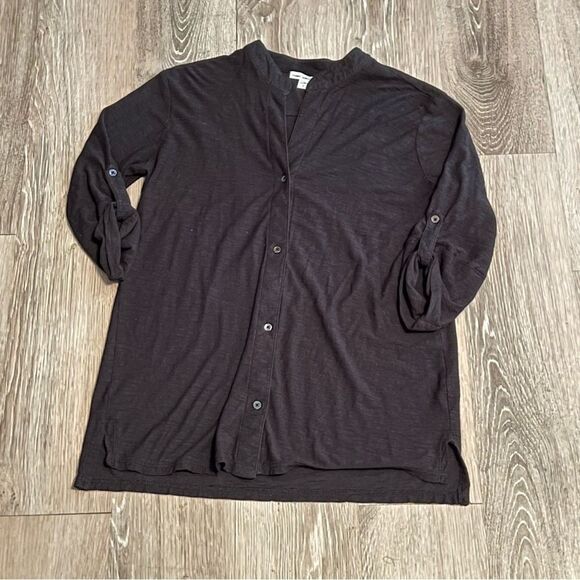 JAMES PERSE Black Jersey Slub Knit Open V Neck Button Down 3/4 SleeveTop M (2) - Picture 4 of 8